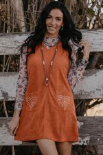 Gold Flame Corduroy Embroidered Patch Pocket Sleeveless Mini Dress - Image 4