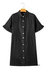 Black Short Sleeve Button Up Loose Denim Shirt Dress - Image 10