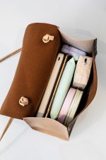 Coffee Geometric Pattern Ribbon Decor PU Leather Bag - Image 6