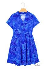 Blue Floral Print Ruffle Hem V Neck Flowy Mini Dress - Image 12