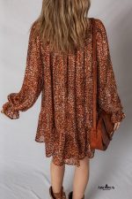 Brown Leopard Print Tie Neck Loose Fit Mini Dress - Image 2