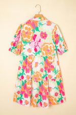 Pink Floral Puff Sleeve Collar Buttoned Babydoll Dress - Image 4