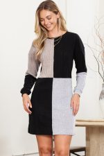 Black Ribbed Color Block Drop Shoulder Long Sleeve Mini Dress - Image 14