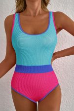 Rose Red Textured Colorblock One Piece Swimsuit - Image 5