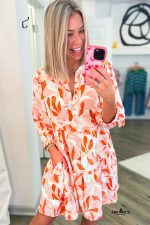 Orange Abstract Print Split Neck Long Sleeve Dress - Image 2
