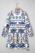 Blue Ethnic Print Pop of Color Neckline Long Sleeve Dress - Image 10