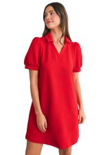 Fiery Red V Neck Puff Sleeve Textured Mini Dress - Image 21