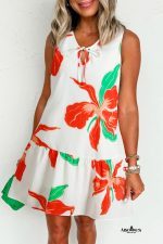 Red Floral Print Tie Front Ruffle Hem Mini Dress