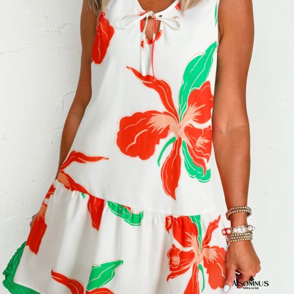 Red Floral Print Tie Front Ruffle Hem Mini Dress