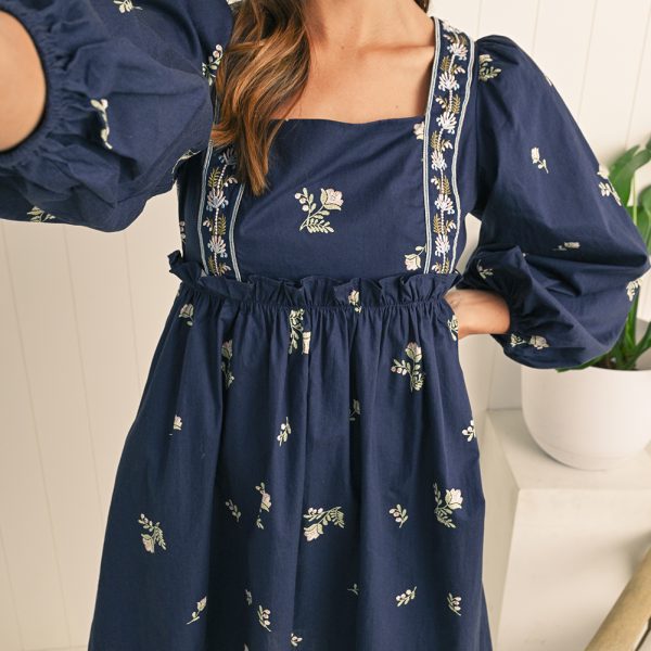 Blue Floral Print Puff Sleeve Babydoll Dress