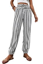 Black Stripe Geometric Print Drawstring Cuff Pants - Image 6