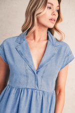 Beau Blue Lapel Neck Cap Sleeve High Waist Denim Babydoll Dress - Image 8