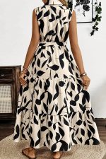 Apricot Abstract Print Knot Waist Collar Sleeveless Maxi Dress - Image 2