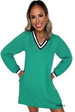 Mint Green Preppy Contrast Striped V Neck Long Sleeve T-shirt Dress - Image 13