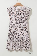 Khaki Leopard Ruffle Flutter Sleeve Keyhole Back Mini Dress - Image 7