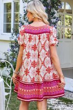 Rose Boho Floral Short Sleeve Tie V Neck Mini Dress - Image 2