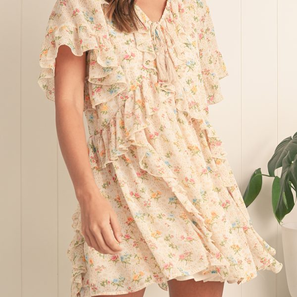 Apricot Boho V Neck Floral Tassel Tie Ruffle Mini Dress