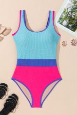 Rose Red Textured Colorblock One Piece Swimsuit - Image 7