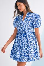 Blue Flower Print Puff Sleeve Ruffle Mini Dress - Image 7