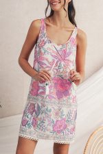 Multicolour Boho Floral Tassel Tie U Neck Mini Dress