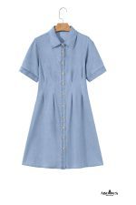 Myosotis Pleated High Waist Short Sleeve Shirt Dress - Image 20