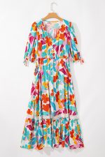 Rose Red Floral Knot Puff Sleeve V Neck Buttoned Front Split Lace Maxi Dress - Image 7