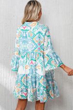 Sky Blue Ethnic Print Boho Tiered Mini Dress - Image 2