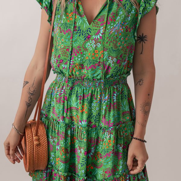 Green Floral Tie Neck Ruffle Sleeve Tiered Mini Dress