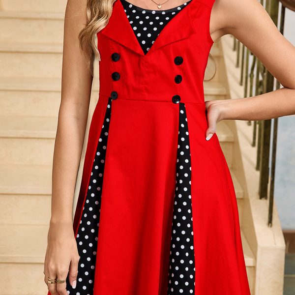Fiery Red Retro Polka Dot Patchwork Sleeveless Dress