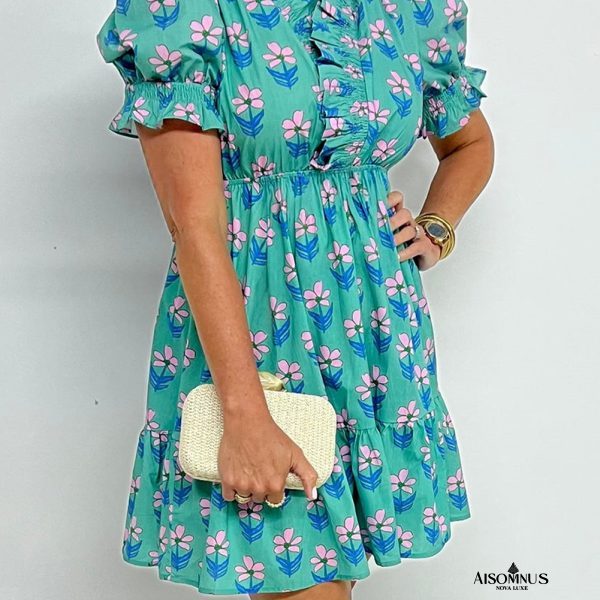 Green Floral Print Frilly Smocked High Waist Mini Dress