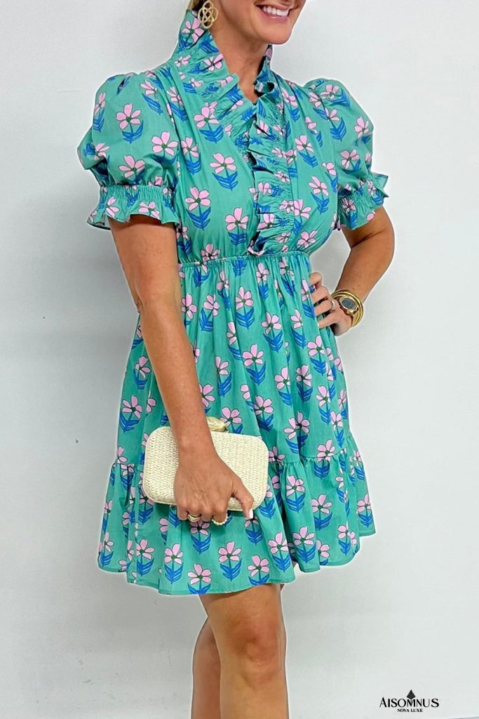 Green Floral Print Frilly Smocked High Waist Mini Dress