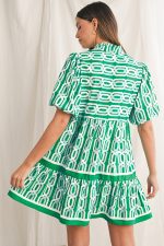 Bright Green Abstract Print Puff Sleeve Pop of Color Neckline Dress - Image 2