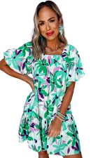 Green Floral Print Shirred Square Neck Loose Fit Mini Dress - Image 15