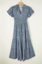 Blue Abstract Print Split V Neck Shirred High Waist Maxi Dress - Image 6