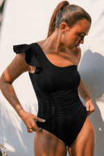Black Asymmetric Ruffle Shoulder Ruched One Piece Swimsuit - Image 5