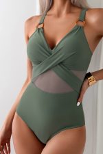Green Bay Criss Cross V Neck Mesh One Piece swimsuit