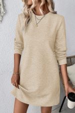 Apricot Plain Textured Long Sleeve Shift Short Dress