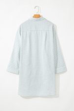 White Stripe Collared V Neck Chest Pocket Long Sleeve Beach Cover up - Image 6