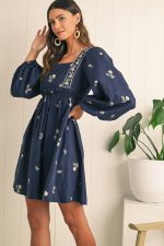 Blue Floral Print Puff Sleeve Babydoll Dress - Image 6