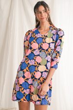 Navy Blue Hydrangea Floral V Neck Puff Sleeve Dress - Image 3