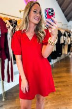 Fiery Red V Neck Puff Sleeve Textured Mini Dress - Image 4