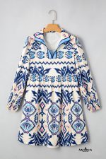 Blue Ethnic Print Pop of Color Neckline Long Sleeve Dress - Image 9