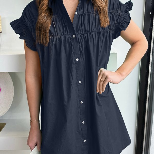 Navy Blue Pleated Ruffle Sleeve Button-up Mini Dress