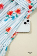Sky Blue Striped Floral Print Ruffle Belted Mini Dress - Image 9