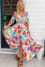 Rose Red Floral Knot Puff Sleeve V Neck Buttoned Front Split Lace Maxi Dress - Image 6