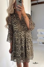 Khaki Leopard 3/4 Sleeve V Neck Swing Dress - Image 3