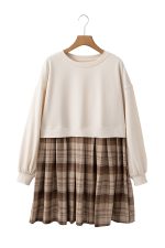 Beige Plaid Patchwork High Waist Sweatshirt Mini Dress - Image 17