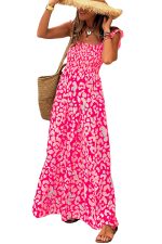 Pink Leopard Ruffle Straps Smocked High Waist Maxi Dress - Image 10