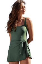 Mist Green Side Tied Adjustable Straps A Line One Piece Swim Dress - Image 6