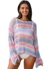 Purple Striped Hollow Knit Summer Beach Cover Up - Image 17
